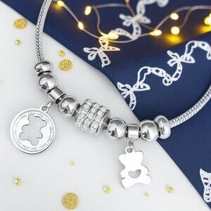🆕️18K White Gold Plated Bear Charm Bracelet with Rhinestones Beads Trendy Gift